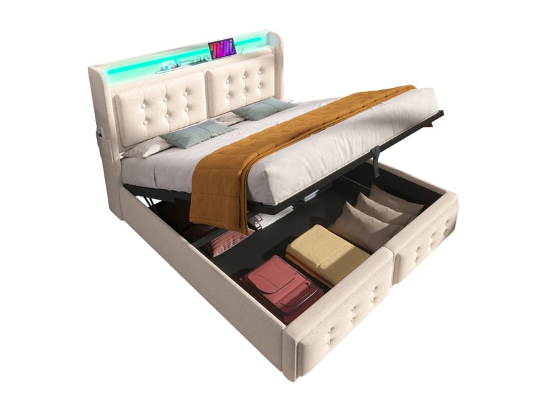  Lit coffre 180 x 200 cm beige avec tête de lit led, prises usb et usb-c  - Conforama A