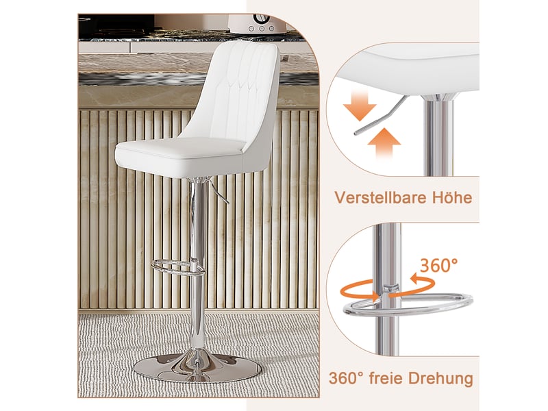  Lot de 2 tabourets de bar réglable en hauteur, cuir pu blanc matelassé, pieds en métal argenté, pour îlot de cuisine  - Conforama D