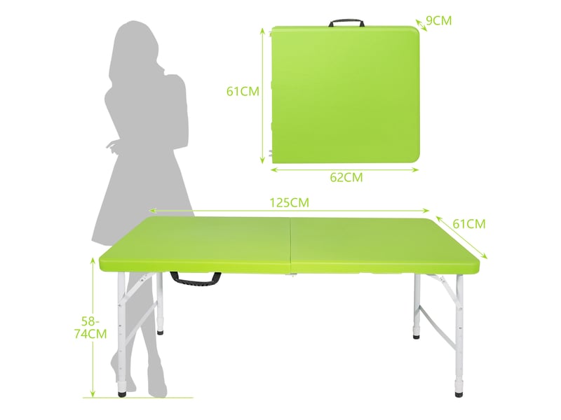 Table pliante ulevr réglable en hauteur 125 × 61 cm, portable avec poignée, plateau vert en plastique et pieds en acier - Conforama C