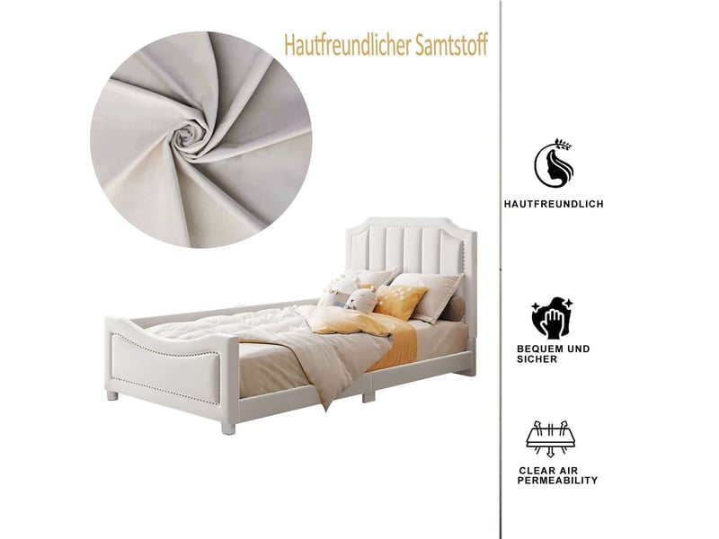  Lit rembourré 90x200 cm flanelle beige multifonction canapé-lit - lit enfant - bords arrondis sécurité design clouté cadre bois  - Conforama E