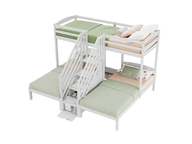  Lit enfant 90x200cm, lit superposé et côte à côte avec rangement, tiroirs, sommiers, pin blanc, sans matelas  - Conforama A