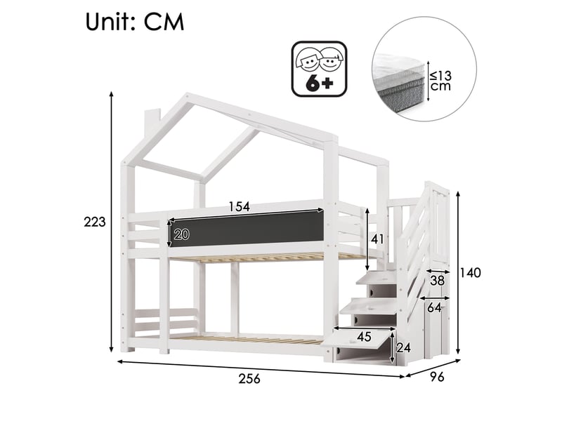  Lit superposé cabane enfant 2 x 90x200 cm blanc avec rangements et tableau  - Conforama E