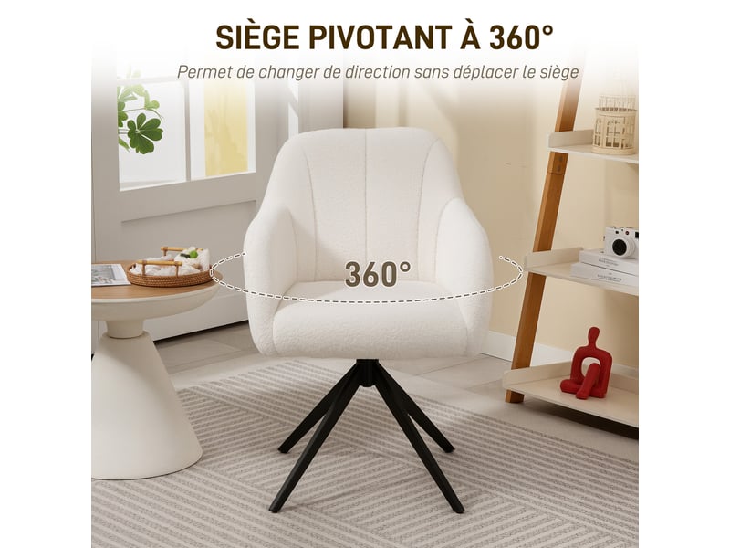 Fauteuil de salon pivotant capitonné grand confort piètement en acier et tissu effet polaire blanc teddy - Conforama E