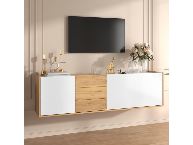  Meuble tv avec 3 portes, 3 tiroirs et étagères réglables, pose au sol ou murale, pour salon, mdf, blanc et bois  - Conforama D