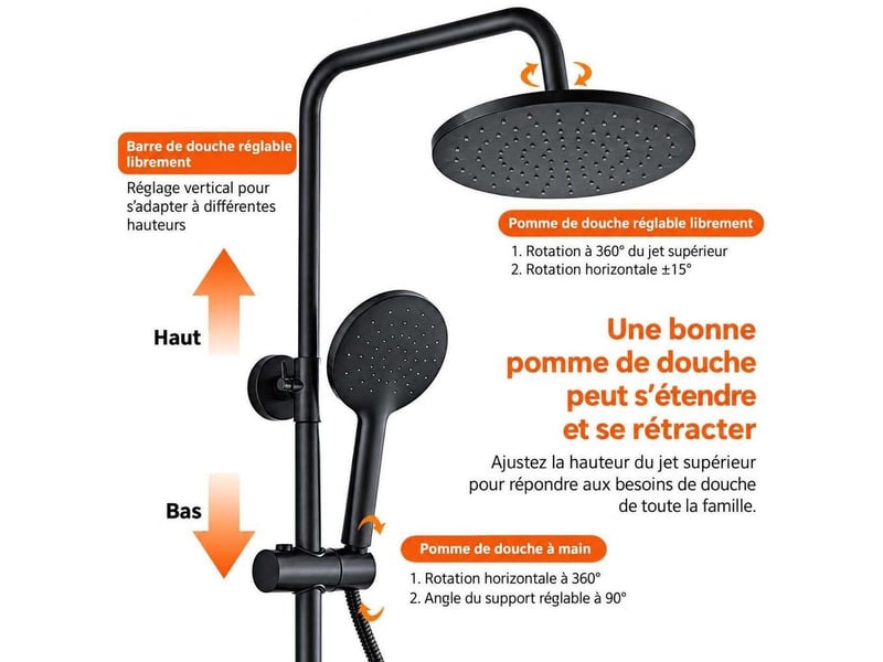  Colonne de douche noire hauteur réglable avec mitigeur et tablette – effet pluie  - Conforama B