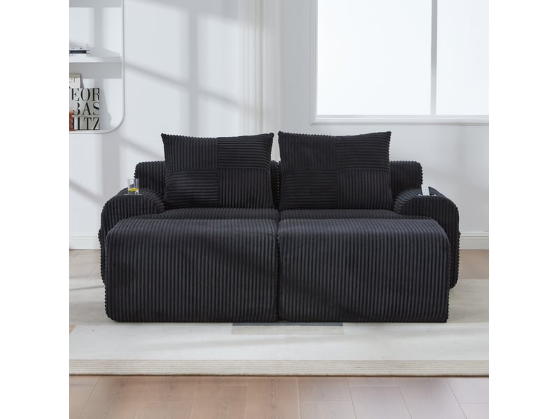 Canapé modulaire 2 places 200x174x80 cm en l possible, porte-gobelet intégré, poche latérale, velours côtelé noir  - Conforama W