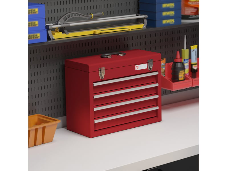 Boîte à outils vide 51x22x39,5 cm avec 4 tiroirs et compartiment supérieur verrouillable, métal rouge - Conforama B