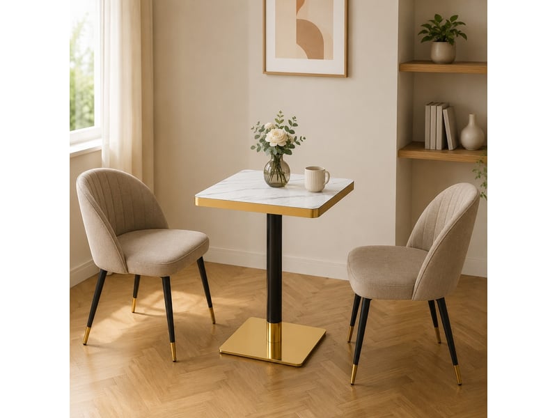  Table à manger carrée effet marbre avec plateau en mdf et piètement métallique, blanche  - Conforama C