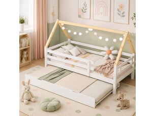 Lit cabane enfant 90x200 cm avec lit gigogne 90x190 cm à roulettes, blanc naturel