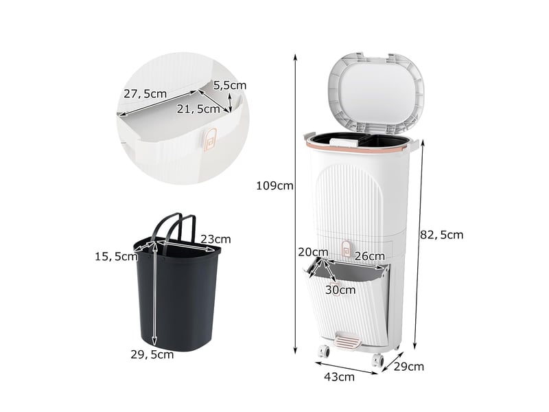  Poubelle cuisine 42 l, poubelle de recyclage verticale avec roulettes, 3 bacs amovibles, 1 tiroir et crochets, conteneur en polypropylène  - Conforama D