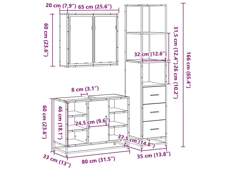  Ensemble de meubles de salle de bain 3 pcs chêne fumé cf63726  - Conforama E