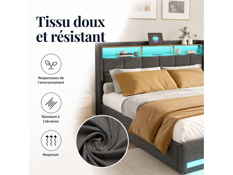  Lit 2 personnes 160 x 200 cm avec sommier - 4 tiroirs - cadre de lit rembourré avec led intégrée et usb type‑c - lit coffre double avec rangement et tete de lit capitonné - 2 places- lin gris - chambre adulteado - sans matelas -…  - Conforama W