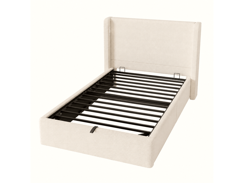  Lit enfant avec rangement hydraulique 90 x 200 cm avec sommier à lattes en tissu bouclé beige  - Conforama R