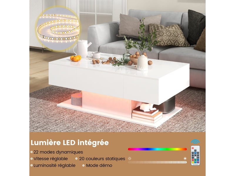  Design blanc laqué brillant table basse led télécommande 2 tiroirs et étagère rangement 110x60x40cm pour salon moderne  - Conforama E