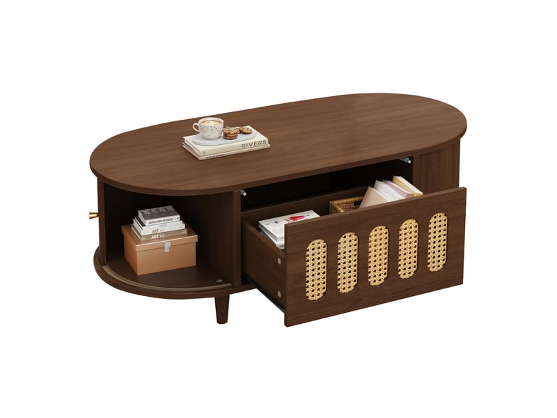 Table basse 100x50x40 cm avec tiroir et 2 portes à rideau en mdf, finition noyer  - Conforama A