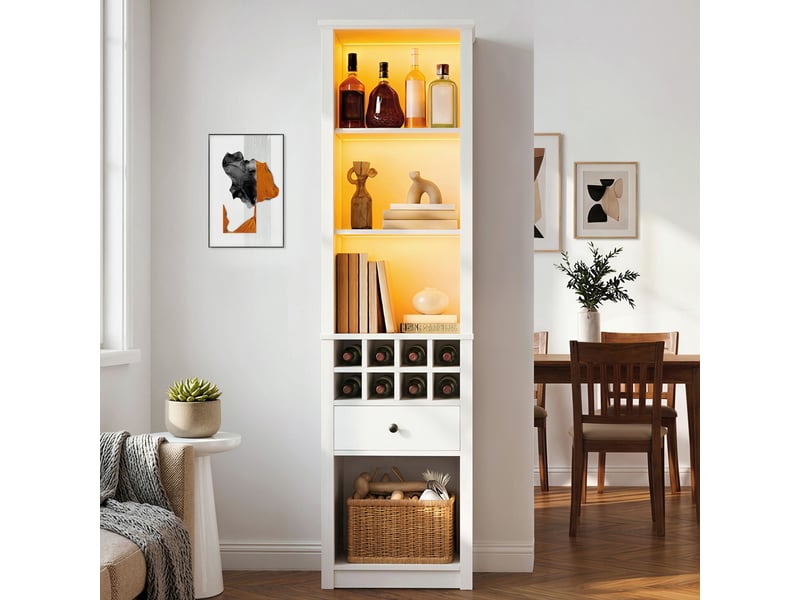  Vitrine ouverte avec led, 1 tiroir et 12 niches de rangement pour cuisine ou salon en mdf blanc 55 × 40 × 200 cm  - Conforama D