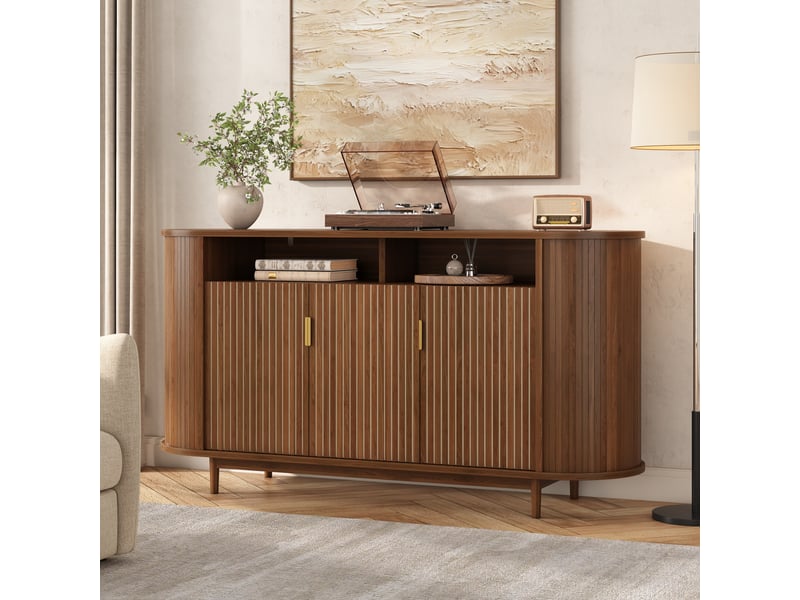  Sideboard bois clair 3 portes buffet meuble de rangement salon mdf avec lignes verticales et pieds en pin  - Conforama C