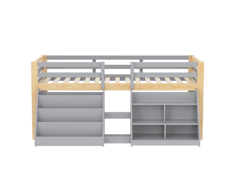  Lit mi-hauteur gris et naturel 90 × 200 cm en pin, led, rangements et échelle  - Conforama A