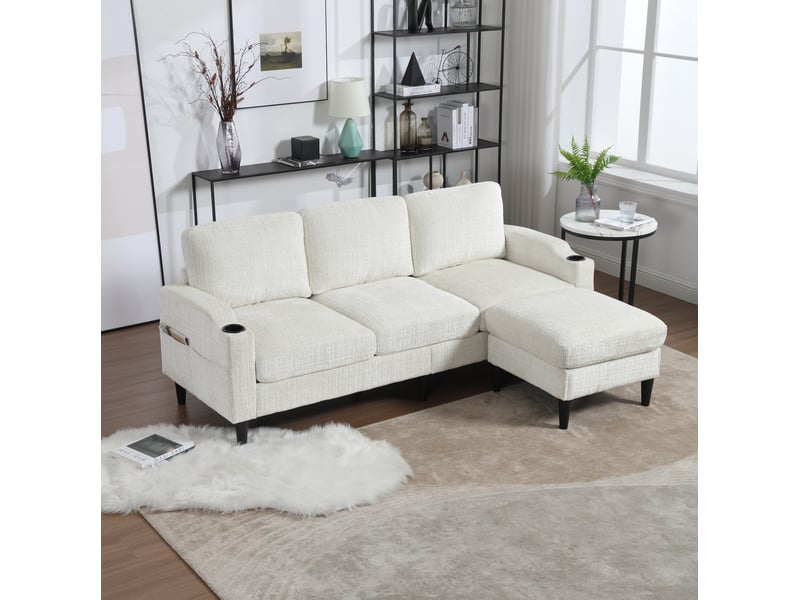  Canapé 4 places avec pouf de rangement beige en chenille  - Conforama D