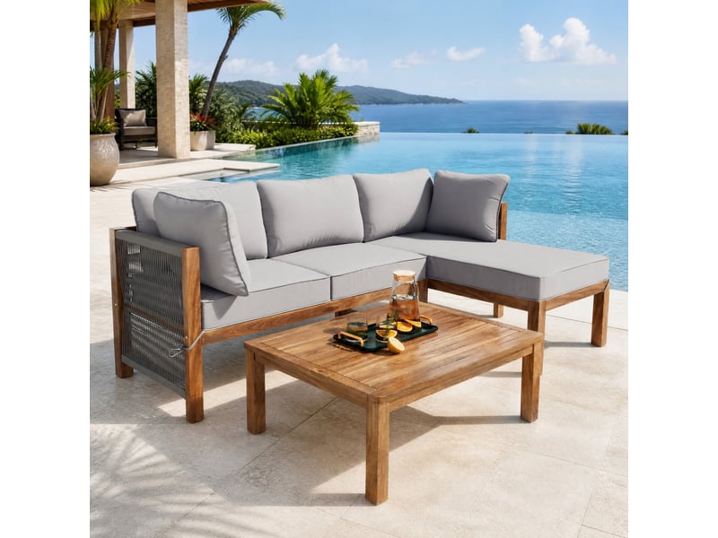  Salon de jardin d'angle,3 pièces avec pieds réglables,bois d'acacia,gris  - Conforama B