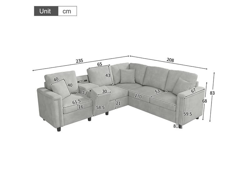  Canapé d’angle 5 places en chenille gris clair avec console de rangement et ports usb  - Conforama E