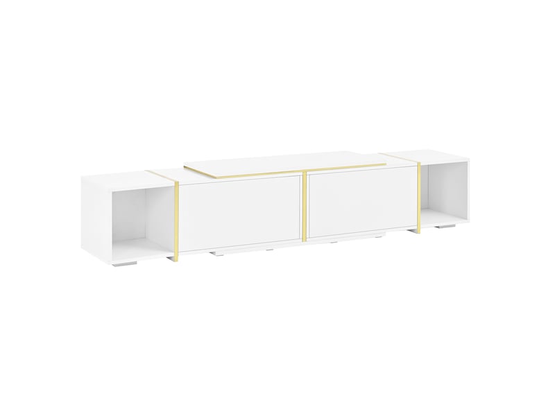  Meuble tv blanc, rangement, gestion des câbles, extensible, design moderne, structure robuste - panneaux de particules - 275x35x37cm  - Conforama D