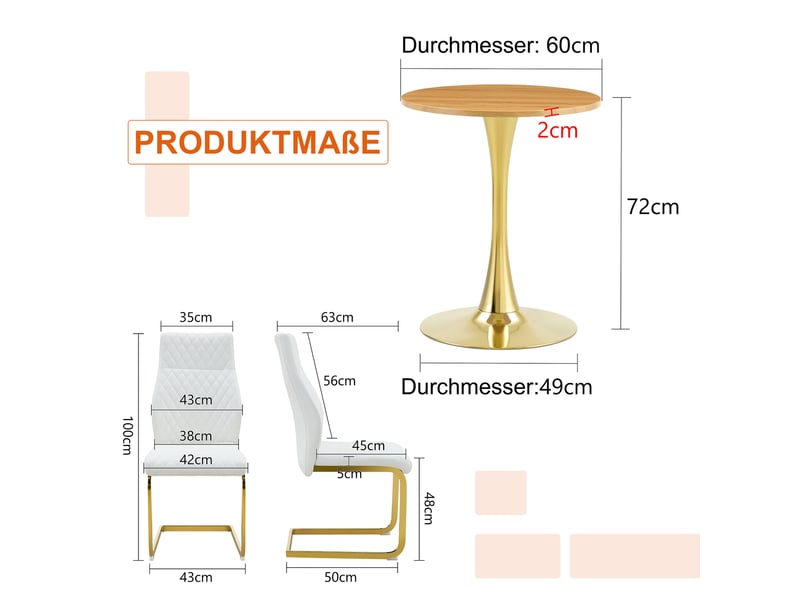  Ensemble table ronde et 2 chaises, plateau mdf effet bois 60 cm, sièges blancs matelassés et piètement doré  - Conforama E