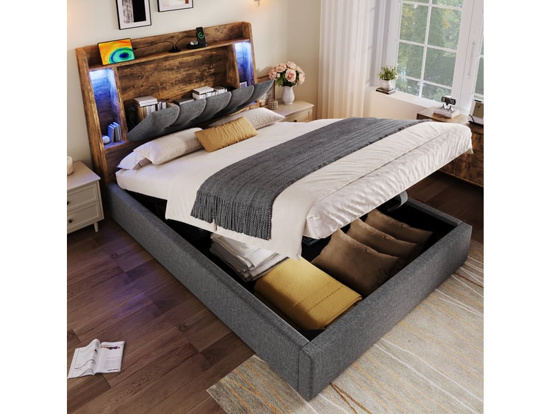  Lit enfant coffre 90 x 200 cm tête rangement pliable led multicolore ports usb‑c linmdf gris sans matelas  - Conforama B