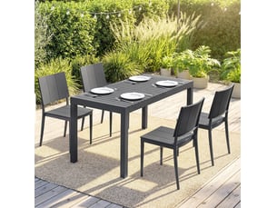 Salon de jardin 5 pièces 141,5x70,5x74,5 cm table large avec 4 chaises empilables métal gris foncé