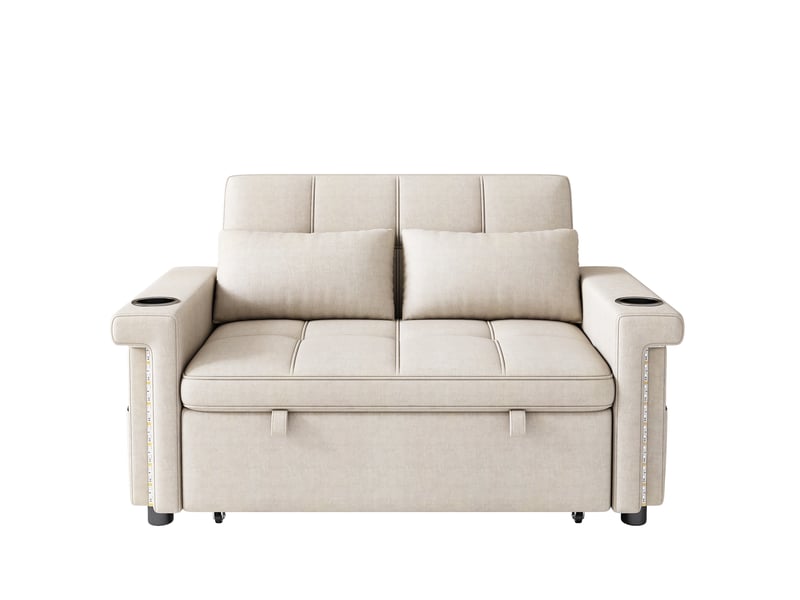 Canapé-lit 2 places convertible beige en chenille avec led, usb-c et dossier réglable - Conforama A