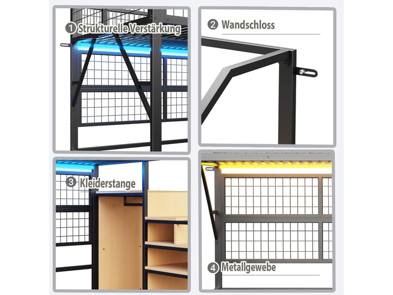  Lit mezzanine 90 x 200 cm structure en métal noir éclairage led piloté par application escalier de rangement portant ouvert  - Conforama D