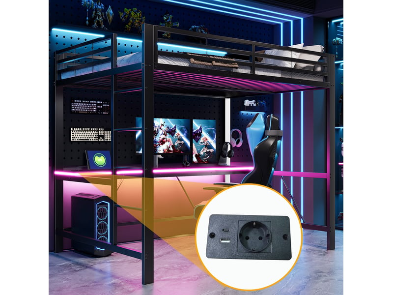 Lit mezzanine enfant 140x200 cm, station usb, bureau et éclairage led, en mdf, structure en métal, noir, sans matelas - Conforama D