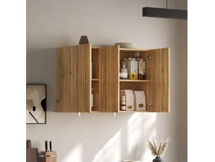 Armoire murale avec 3 portes, rangement fermé et poignées dorées pour cuisine, en mdf naturel, 90 × 29 × 60 cm