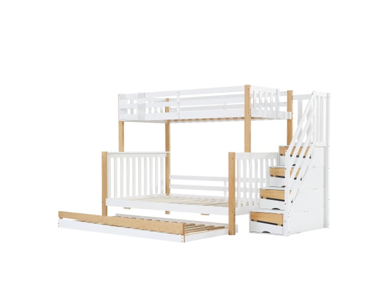  Lit superposé 90x200 cm, lit enfant avec lit gigogne et barrière de sécurité, en bois, blanc, sans matelas  - Conforama E
