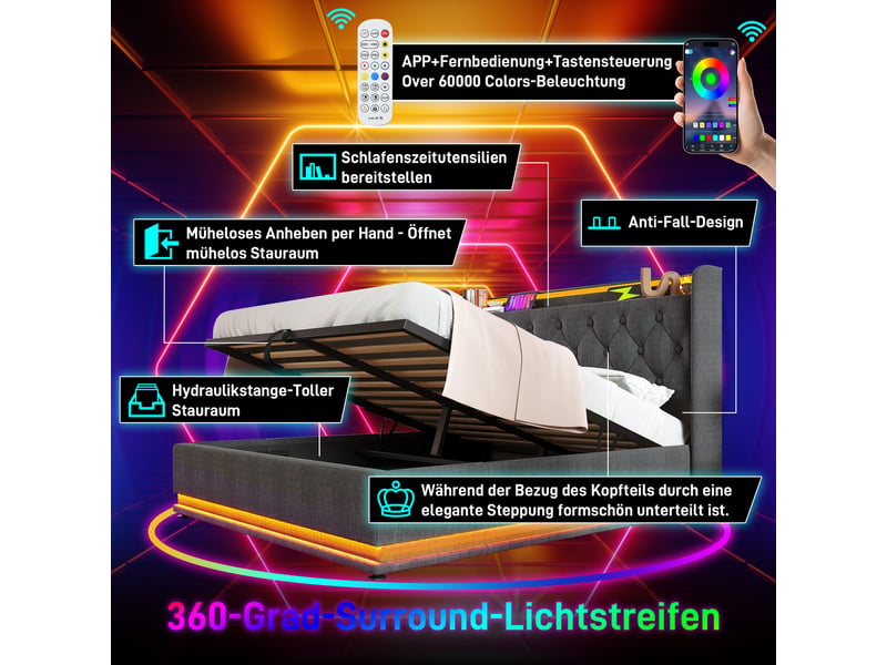  Lit double capitonné rayofi 160 x 200 cm, éclairage led 360° contrôlable (bouton, application, télécommande), rangement coffre hydraulique, tête de lit rembourrée avec ports usb et type-c, revêtement lin gris, matelas inclus  - Conforama E