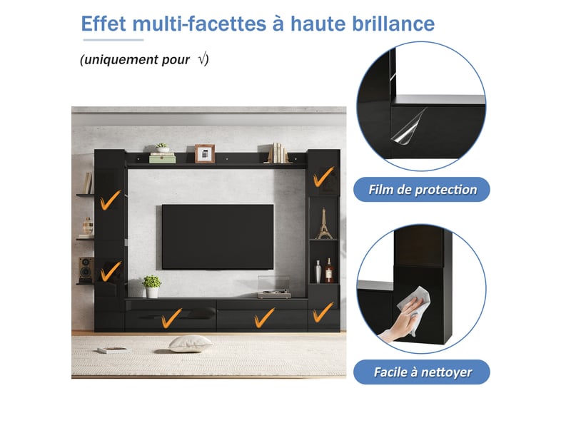  Meuble tv mural avec 2 portes abattantes et 4 étagères pour salon en mdf 245×30×170 cm noir  - Conforama D