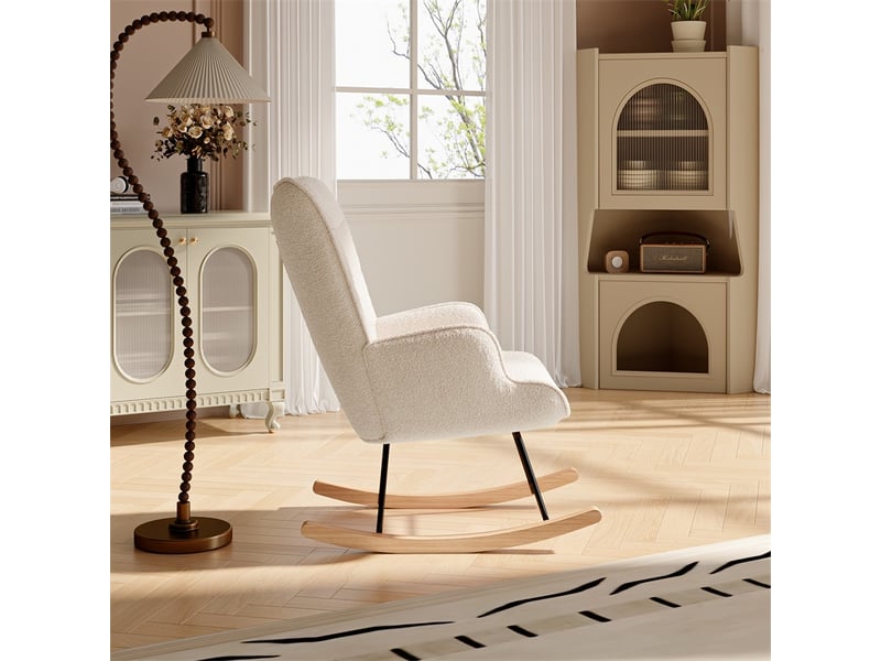  Fauteuil à bascule 68x78x98 cm - fauteuil en tissu bouclette peluche, dossier haut capitonné et pieds bois - beige  - Conforama D