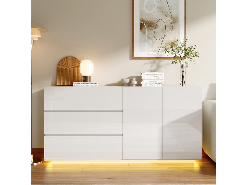  Buffet bas 2 portes 3 tiroirs - 160 x 35 x 76 cm-blanc - enfilade design haute brillance avec éclairage led et portes push-open  - Conforama C