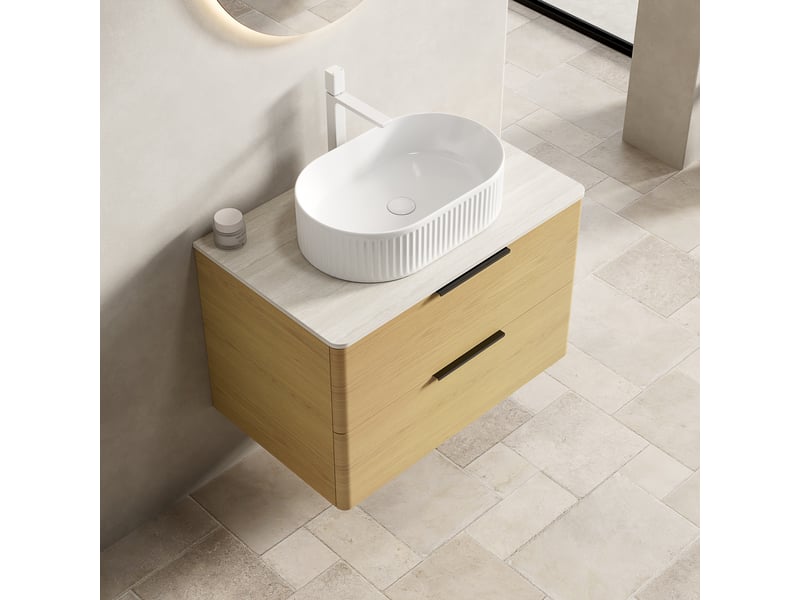  Meuble sous vasque suspendu 75 cm à 2 tiroirs fermeture douce - lpospi - plateau pierre frittée, céramique beige chêne  - Conforama C