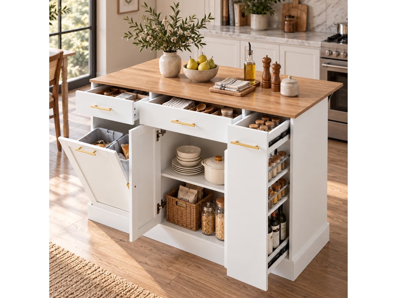  Îlot de cuisine avec plateau rabattable, 120 cm, 2 tiroirs, compartiment pour poubelle, rangement latéral coulissant, blanc et bois naturel  - Conforama D