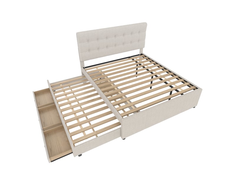  Lit 140x200 cm beige avec tête de lit réglable, 3 tiroirs et lit gigogne  - Conforama E