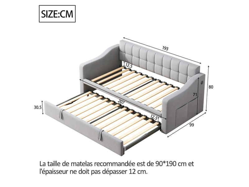  Lit gigogne 90x190 cm, lit enfant, lit double, charge, sac de rangement, métal et mdf, velours, gris clair sans matelas  - Conforama C