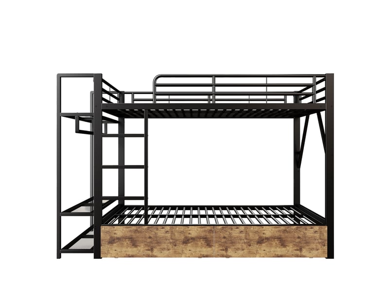 Lit superposé 140 x 200 cm, structure en fer, 2 tiroirs, plusieurs étagères, éclairage led, penderi, noir - Conforama E