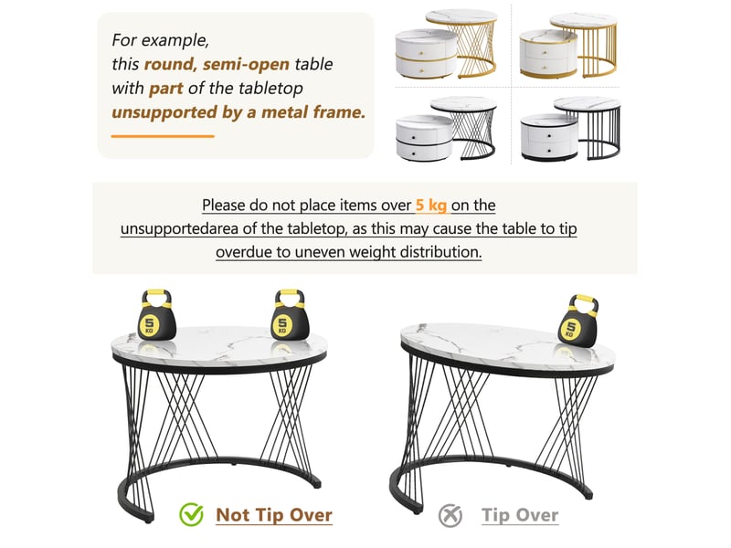  Tables basses gigognes rondes avec 2 tiroirs et finition effet marbre brillant, style moderne pour salon et séjour  - Conforama E