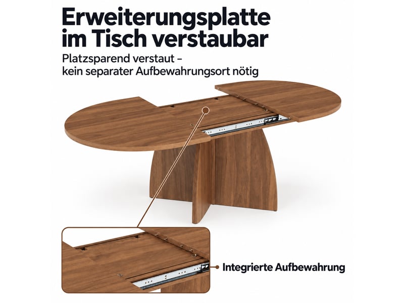 Table à manger extensible ovale 120180x90x75 cm pour 6 à 8 personnes, table de salle à manger avec plateau mdf effet noyer - noyer - Conforama E