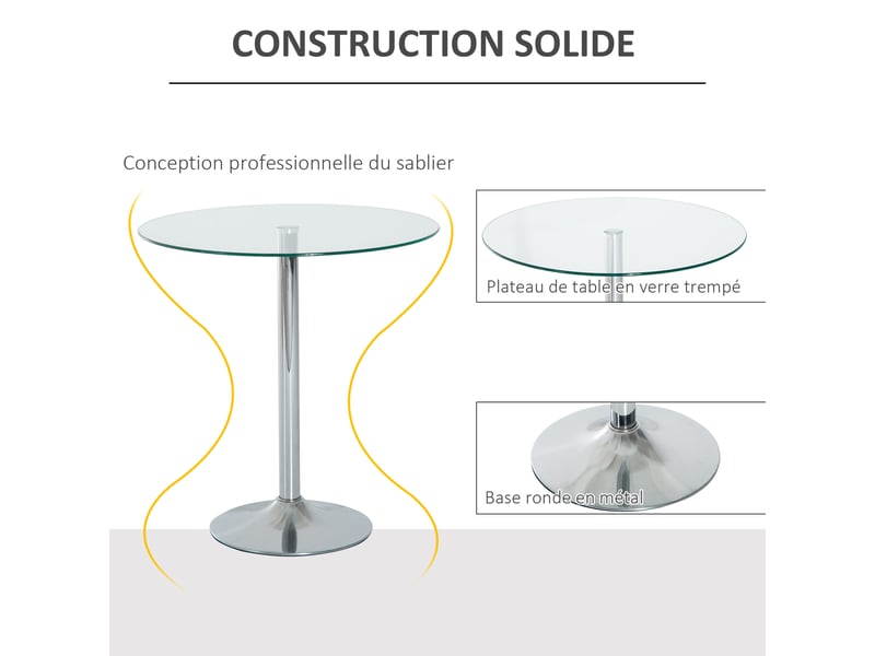  Table à manger ronde pour 2 personnes, argenté, table de cuisine moderne avec plateau en verre trempé et base en acier  - Conforama A