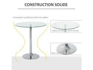 Table à manger ronde pour 2 personnes, argenté, table de cuisine moderne avec plateau en verre trempé et base en acier