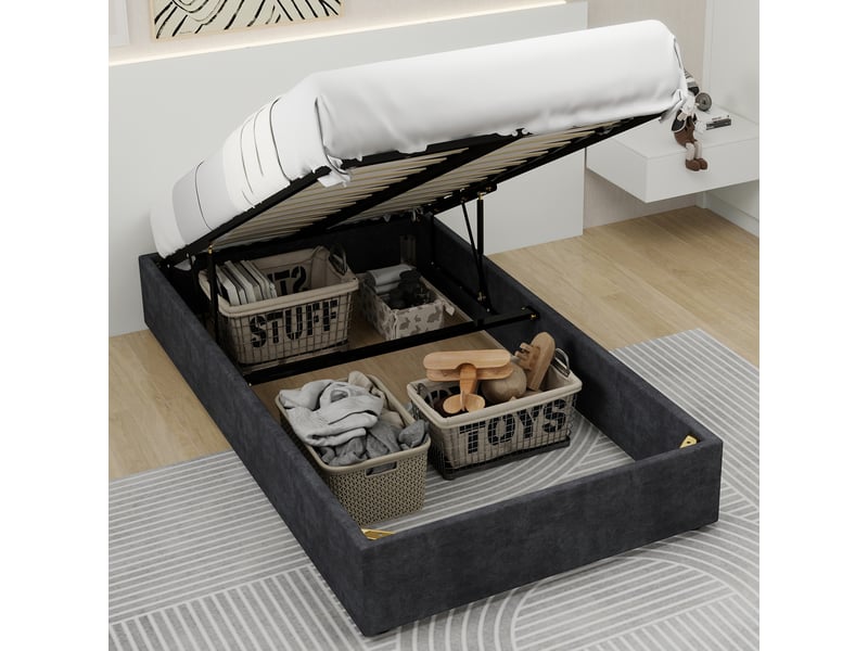 Lit coffre 90x200 cm - lit simple avec vérin hydrauliques, cadre durable, sans tête de lit, sans matelas, velours gris  - Conforama B