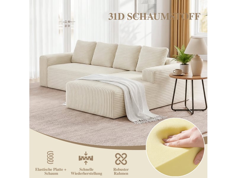  Canapé d'angle modulaire 4 places avec méridienne réversible, assise profonde en velours côtelé beige  - Conforama E
