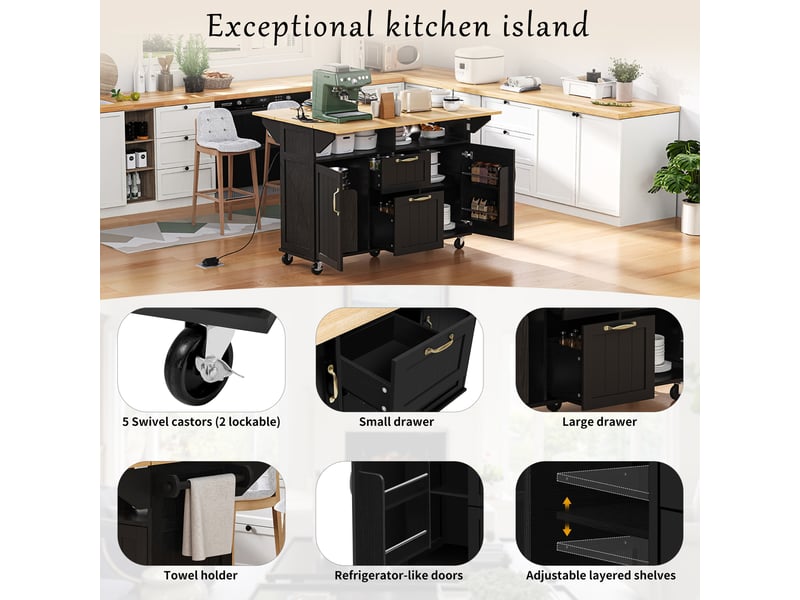  Desserte de cuisine à roulettes avec 2 portes, 2 tiroirs, plateau rabattable et prises pour cuisine, 120×40-80×92 cm  - Conforama E
